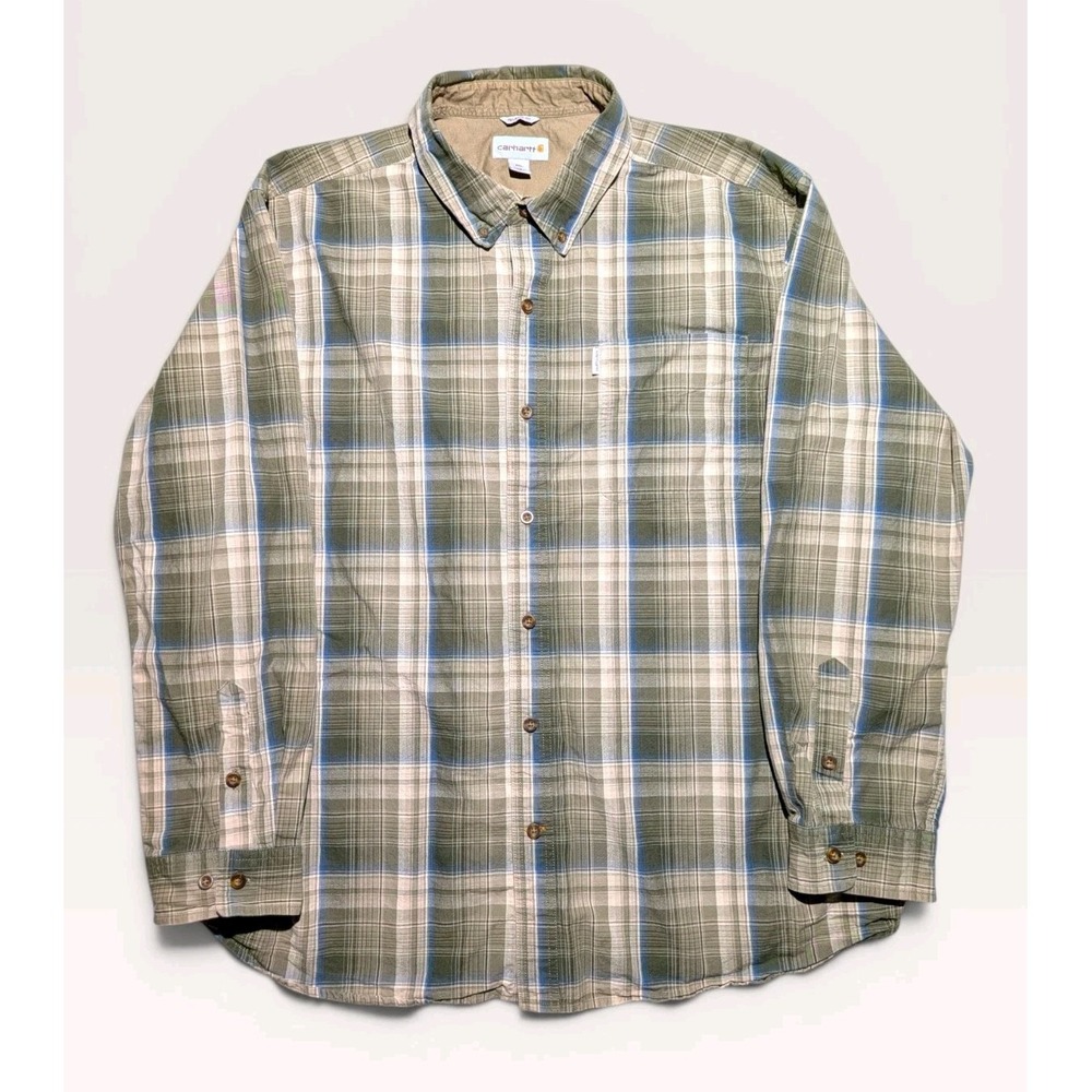 Carhartt Green Plaid Button Up Work Shirt Mens 2XL Relaxed Fit Outdoor Workwear